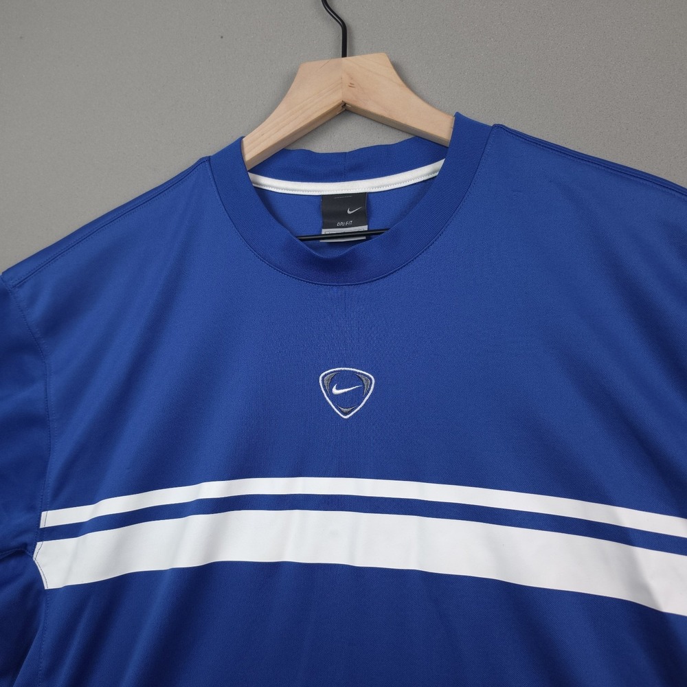 Vintage Nike Soccer Dri-Fit Jersey Mens L Blue White Stripe Y2K Shield Logo Tee